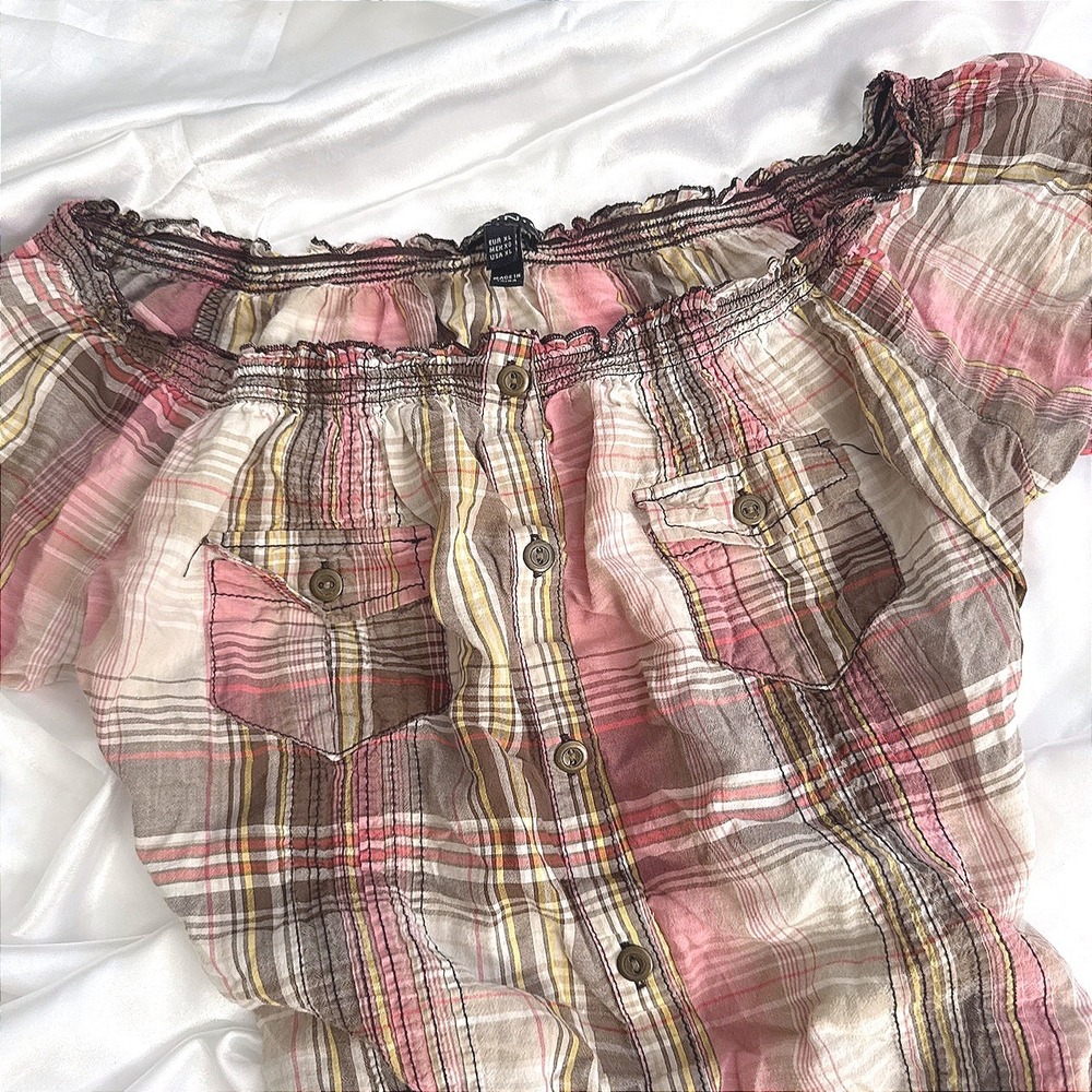 F.A.N.G. Pink Plaid Off The Shoulder Smocked Button Down Top XL